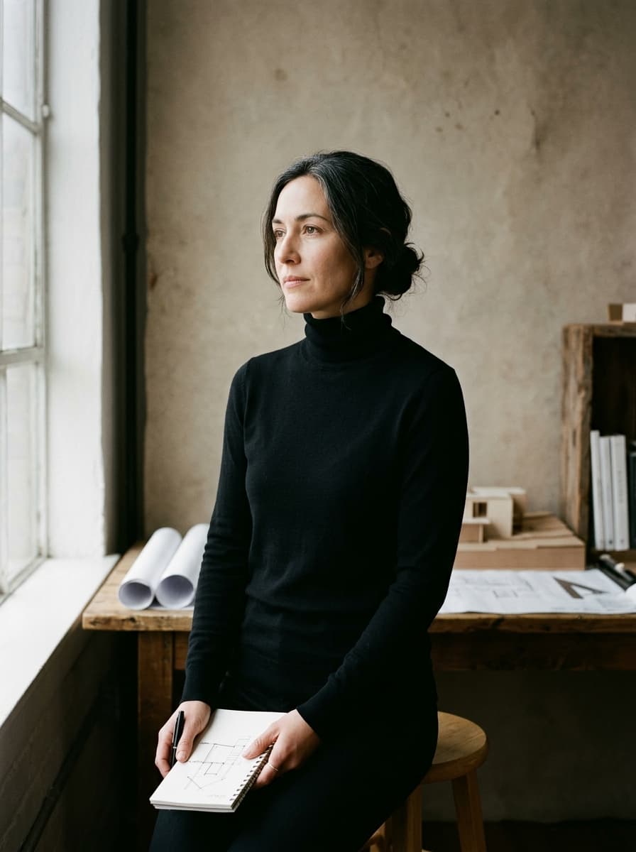 Portrait of Elena Vance, architect and founding partner of Atelier Studio, in natural daylight