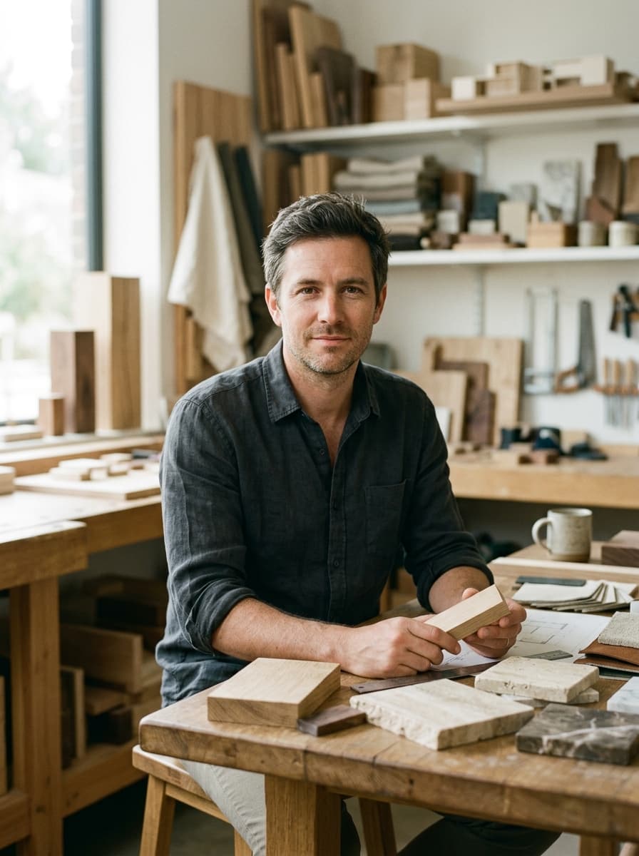 Portrait of Julian Thorne, partner of interior architecture, in his studio workshop