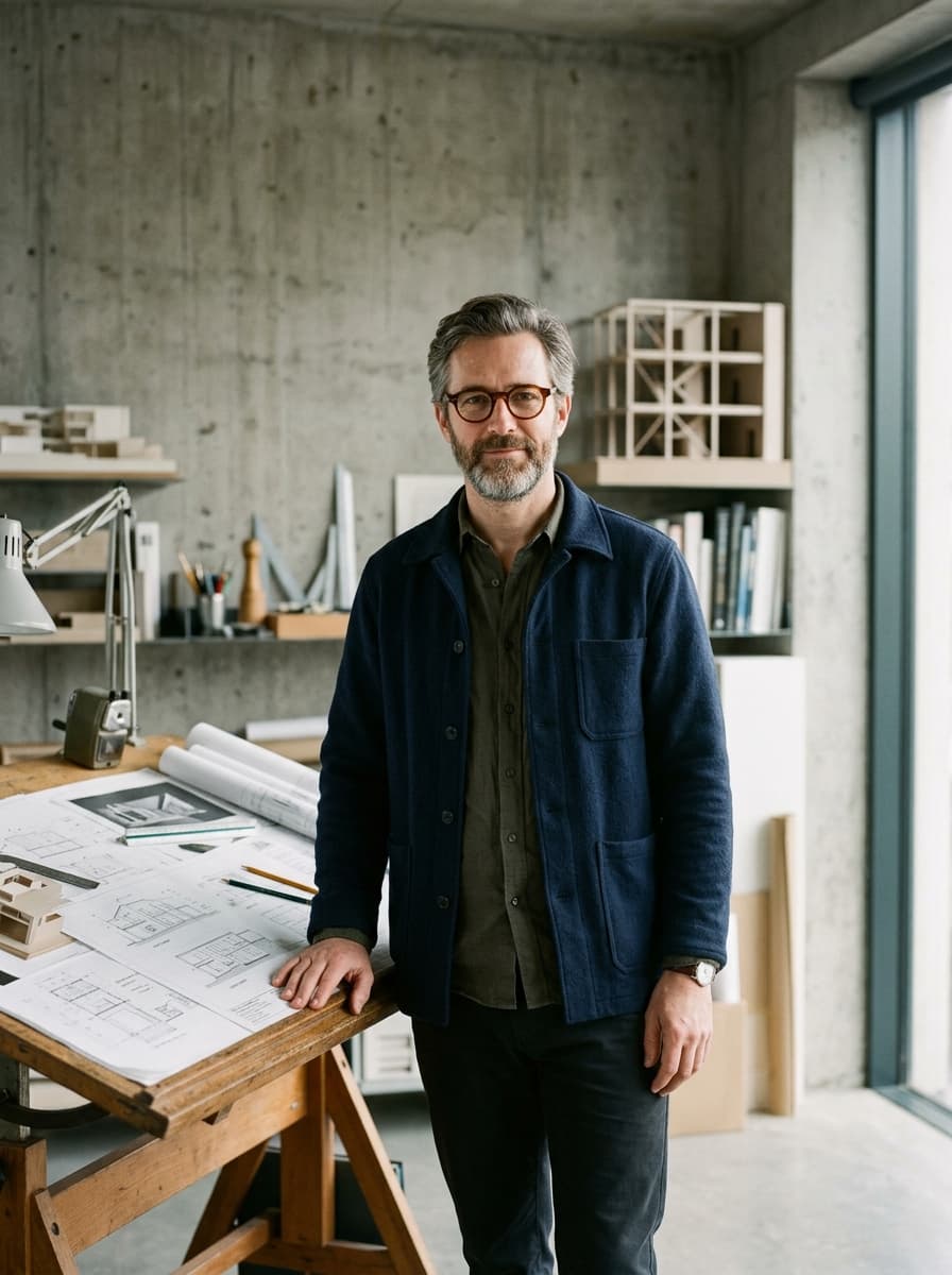 Portrait of Marcus Weber, technical director, reviewing architectural blueprints